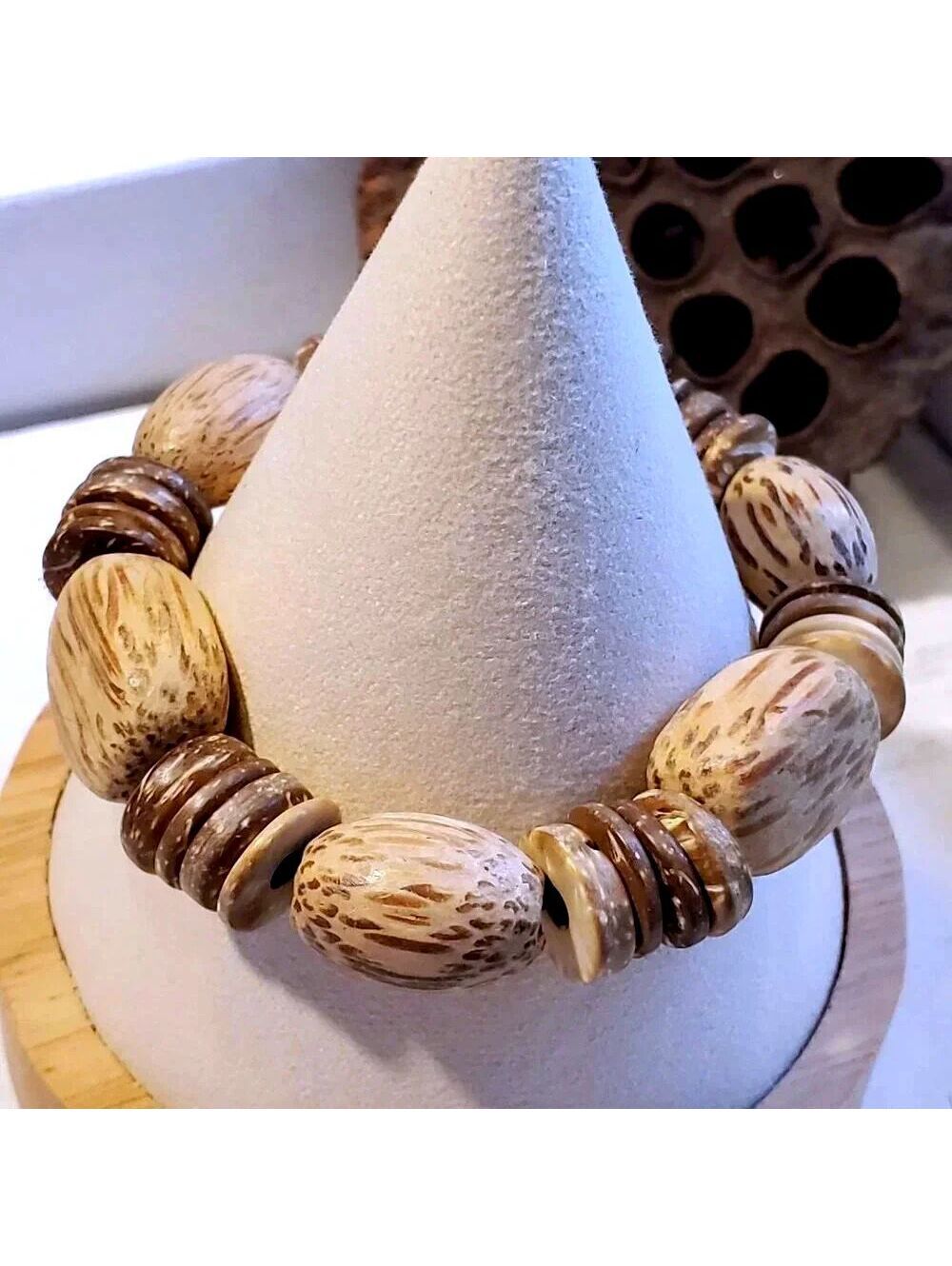 Chunky Natural Coconut Palm Wood Beads Handcrafted Small Stretch Bangle Bracelet